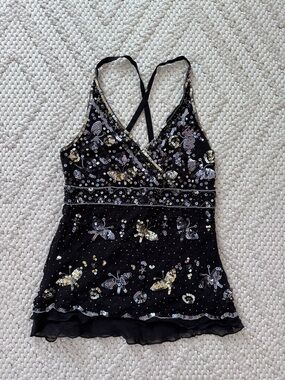 Y2K Bebe Black Silk Sequin Butterfly Tank Top Small
